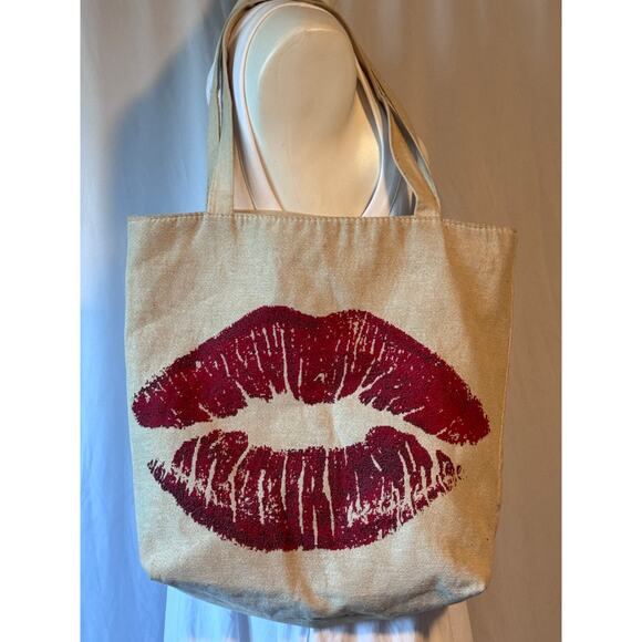 Tote Bag Kiss Print Canvas Bag 17x14.5x3 - Broken Zipper - Picture 1 of 7